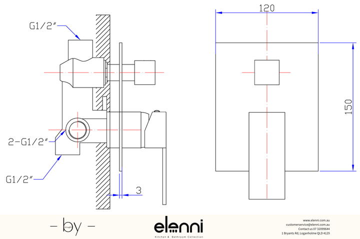 Rosa Wall Mixer Diverter - Elenni specification drawing