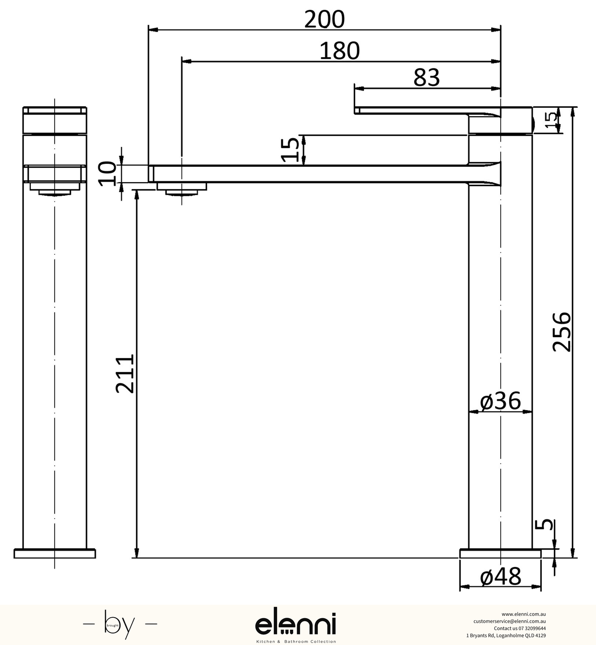 Ruki Basin Mixer High Rise - Elenni specification drawing