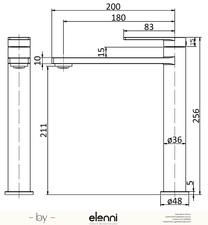 Ruki Basin Mixer High Rise - Elenni specification drawing