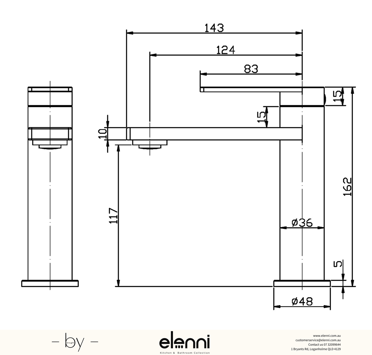 Ruki Basin Mixer - Elenni specification drawing