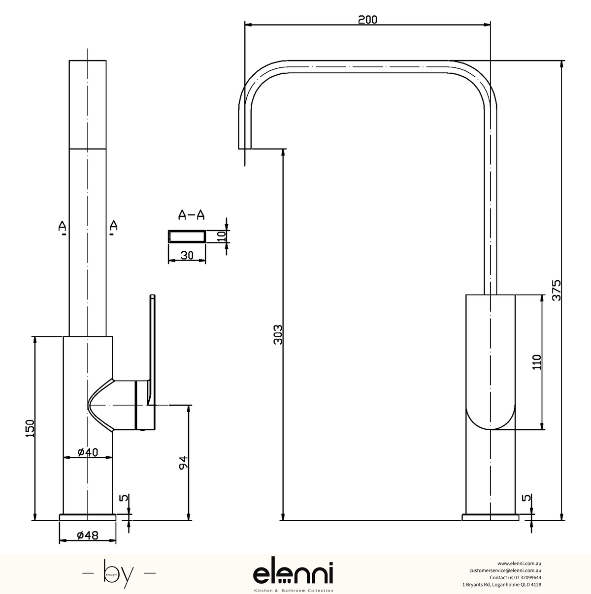 Ruki Sink Mixer - Elenni specification drawing