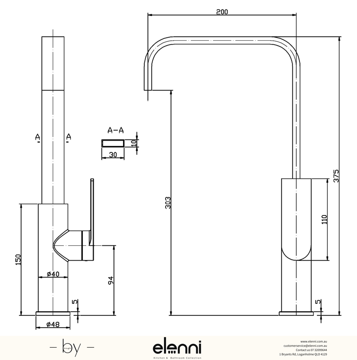 Ruki Sink Mixer - Elenni specification drawing