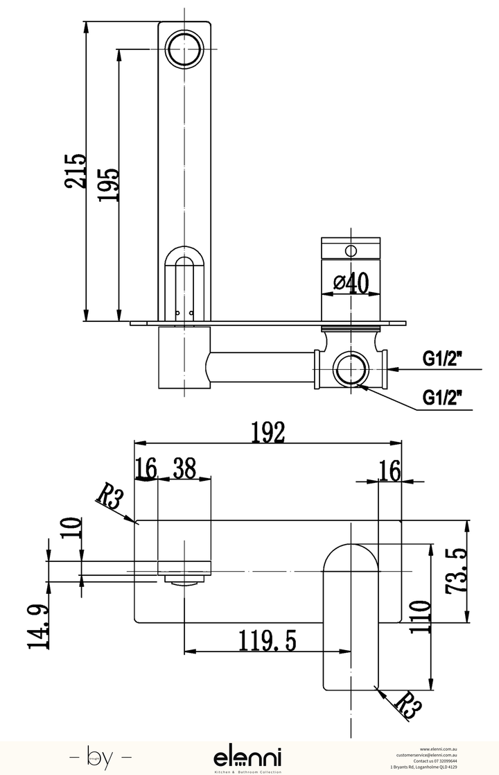 Ruki Wall Basin Mixer - Elenni specification drawing