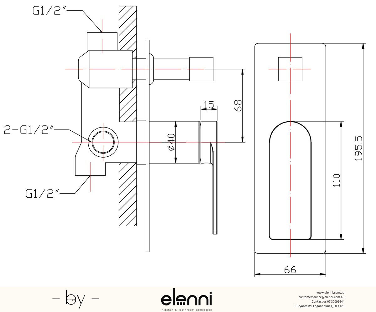 Ruki Wall Mixer Diverter - Elenni specification drawing