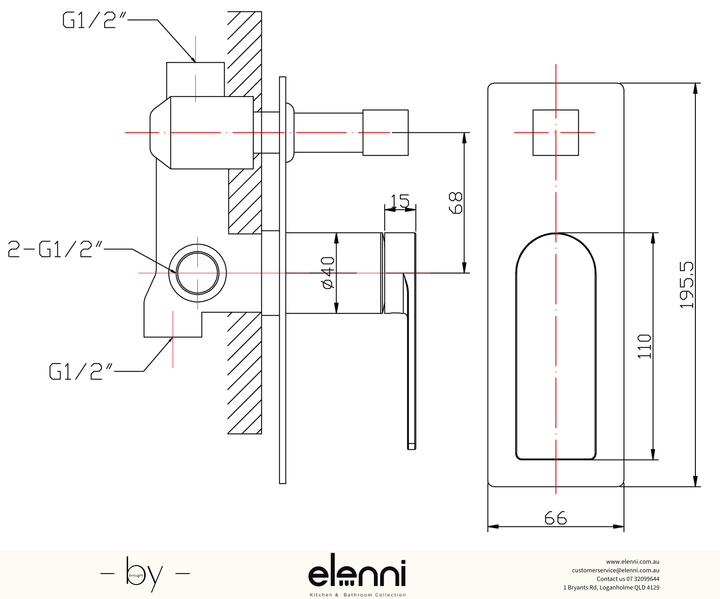 Ruki Wall Mixer Diverter - Elenni specification drawing