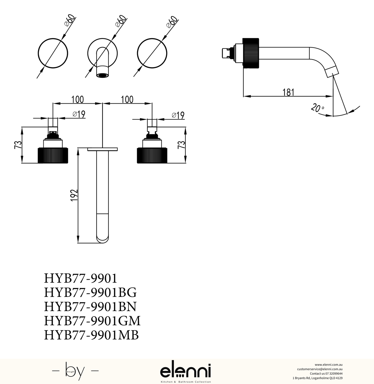 Soko 1/4 Turn C/D Wall Basin Set - Elenni specification drawing