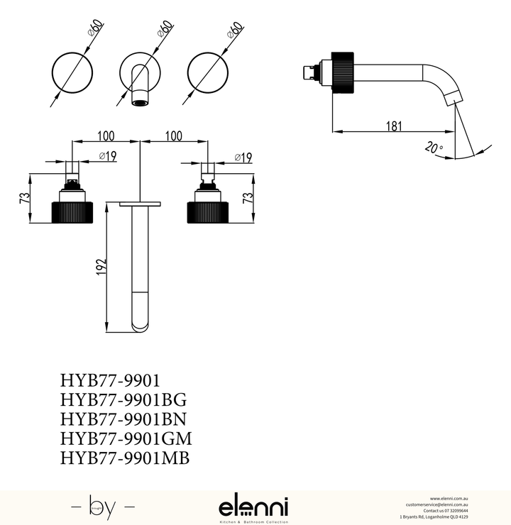 Soko 1/4 Turn C/D Wall Basin Set - Elenni specification drawing