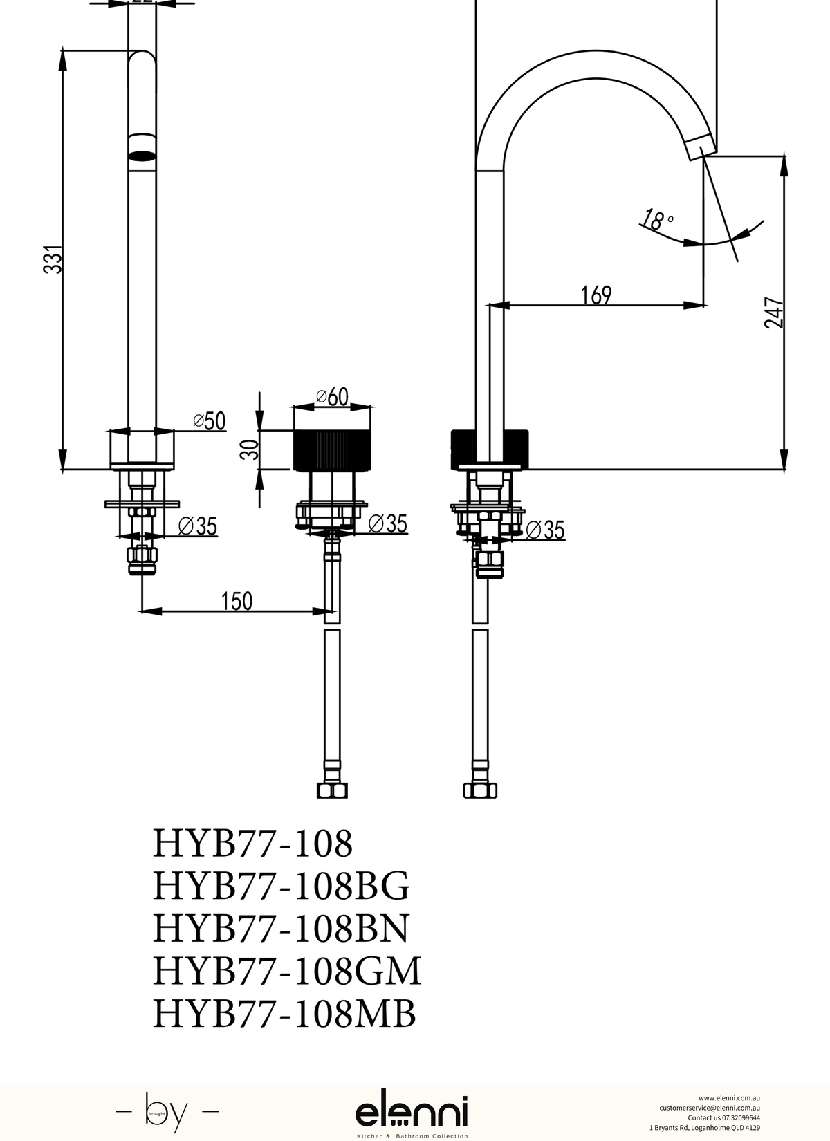 Soko Hob Sink Mixer - Elenni specification drawing