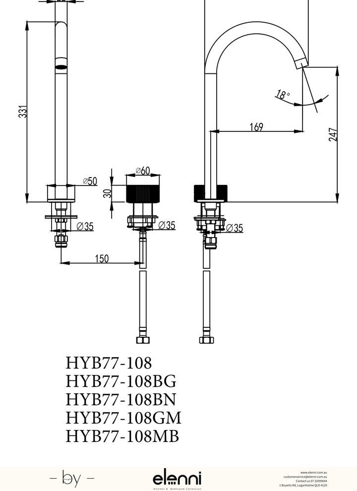 Soko Hob Sink Mixer - Elenni specification drawing