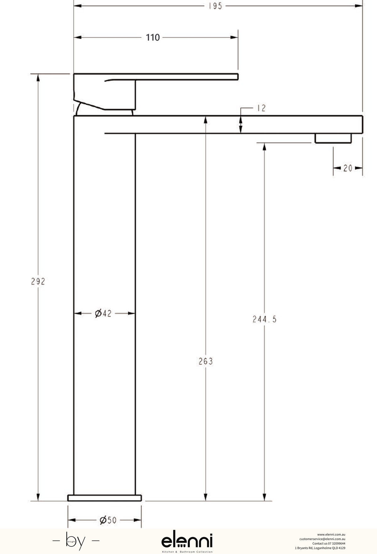 Sora SS High Rise Basin Mixer - Elenni specification drawing