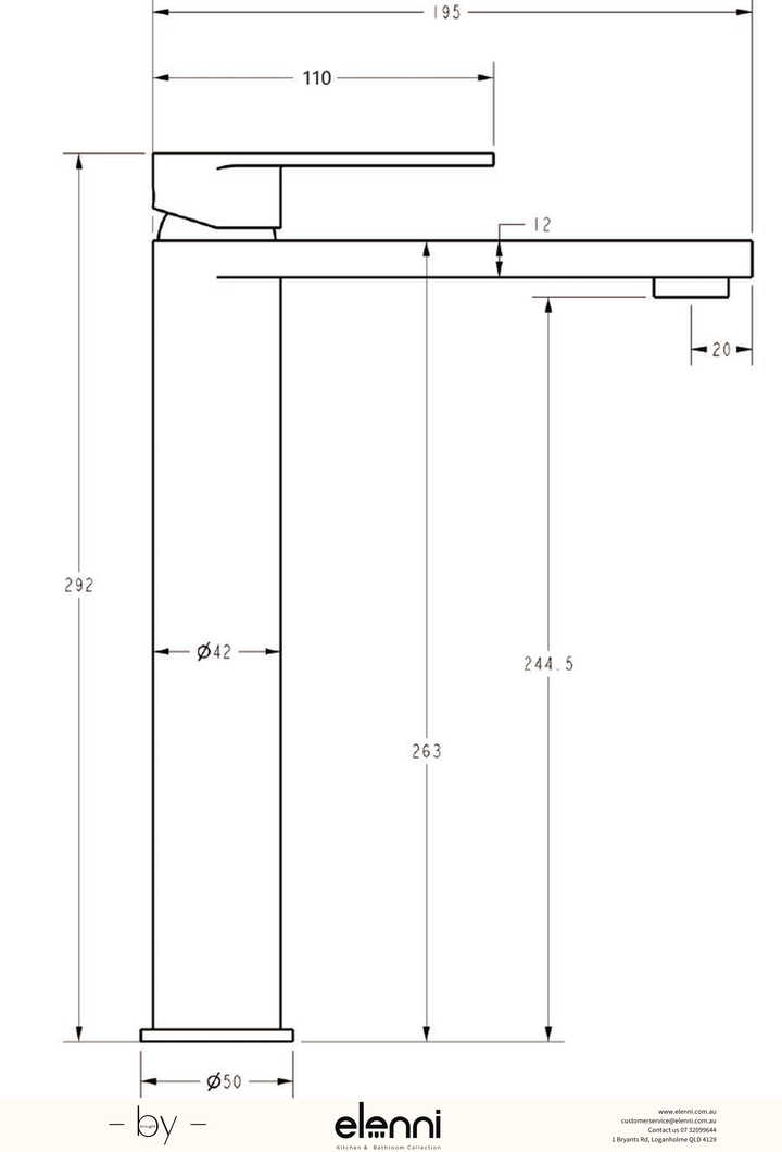 Sora SS High Rise Basin Mixer - Elenni specification drawing