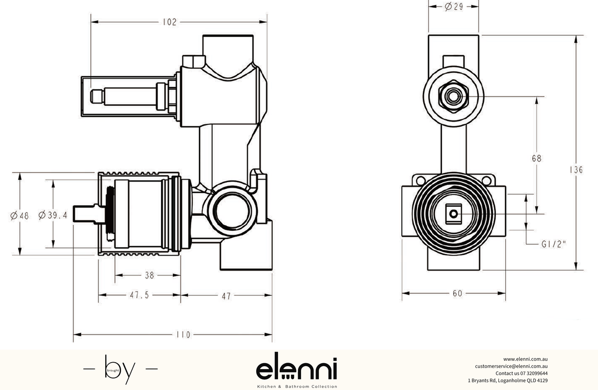 Sora SS Wall Diverter Mixer Rough-In Body - Elenni specification drawing