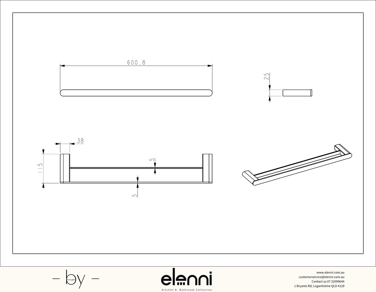Sora SS304 Towel Rail Double 600mm - Elenni specification drawing