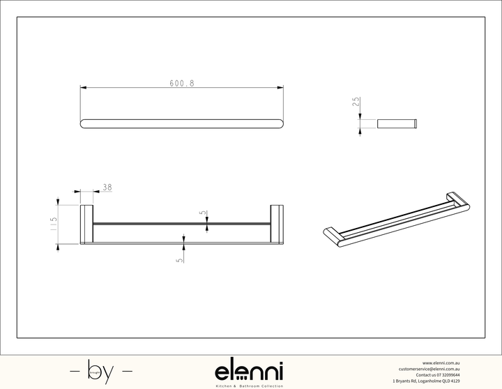 Sora SS304 Towel Rail Double 600mm - Elenni specification drawing