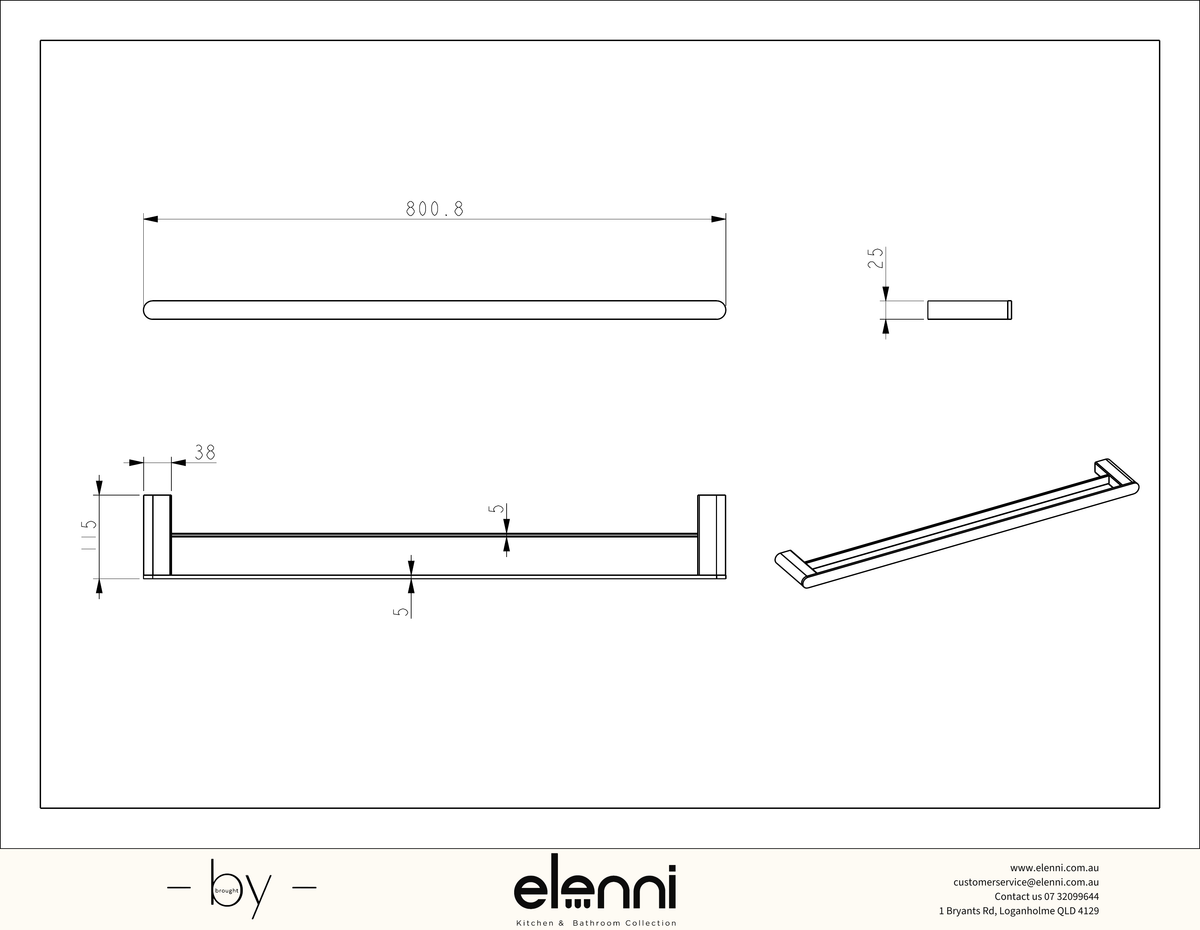 Sora SS304 Towel Rail Double 800mm - Elenni specification drawing