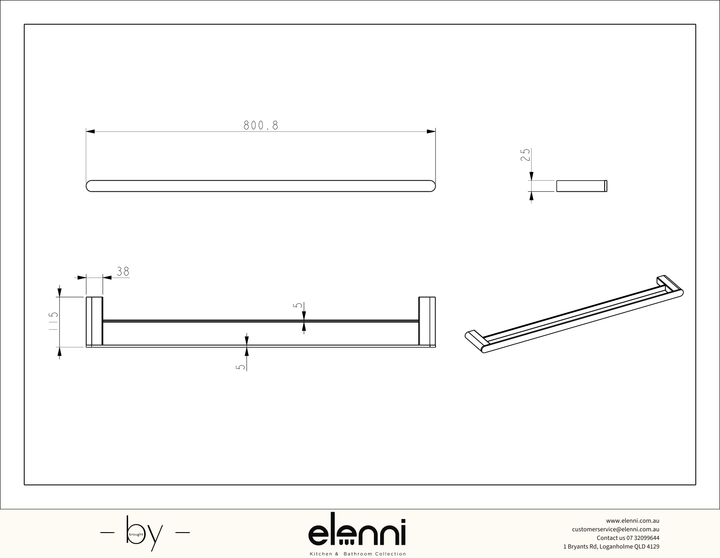 Sora SS304 Towel Rail Double 800mm - Elenni specification drawing