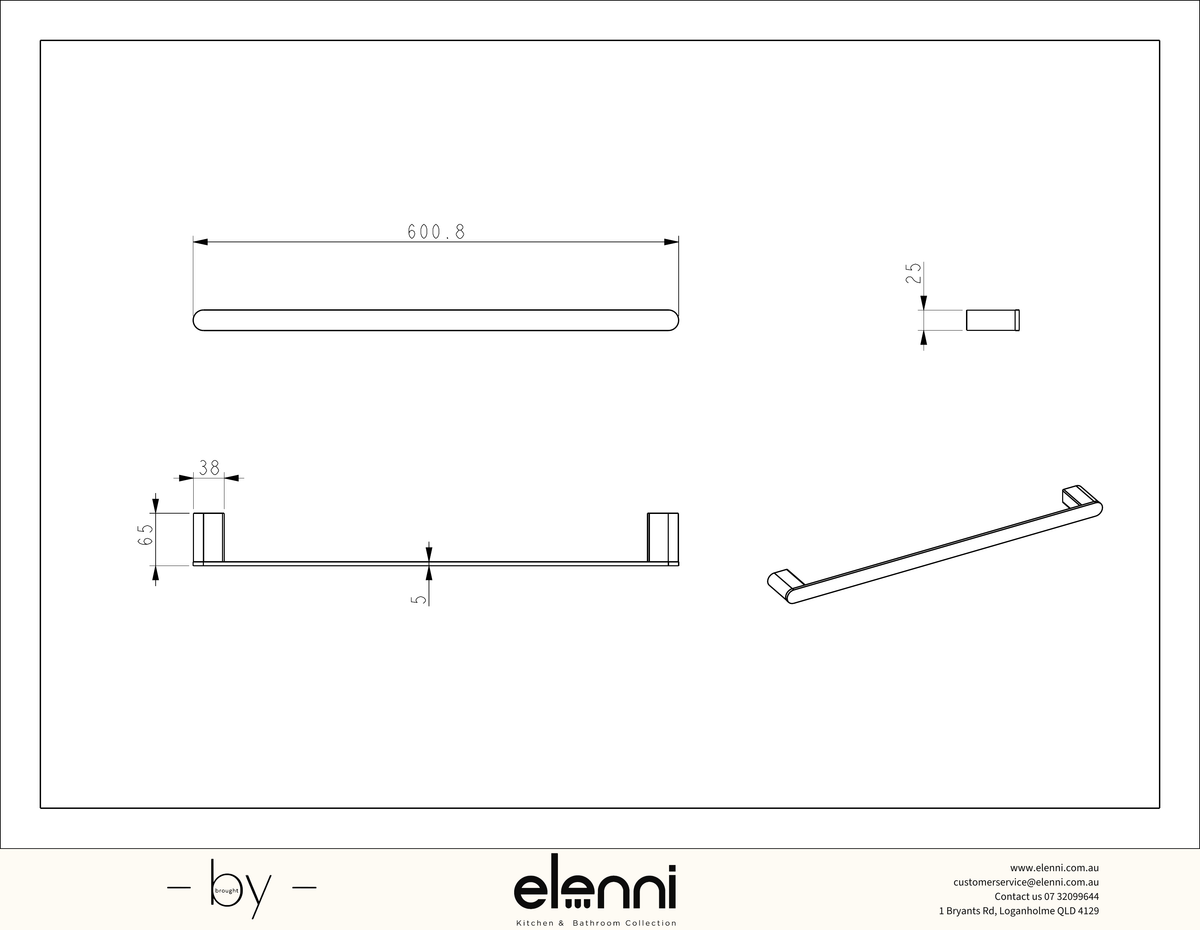 Sora SS304 Towel Rail Single 600mm - Elenni specification drawing