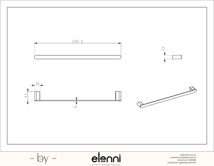 Sora SS304 Towel Rail Single 600mm - Elenni specification drawing