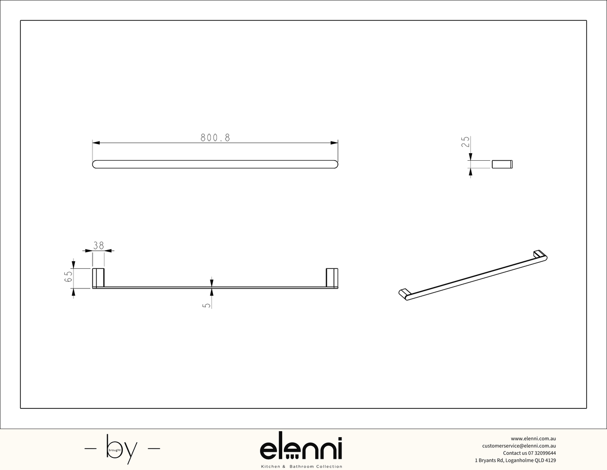 Sora SS304 Towel Rail Single 800mm - Elenni specification drawing