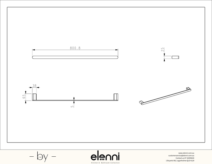 Sora SS304 Towel Rail Single 800mm - Elenni specification drawing