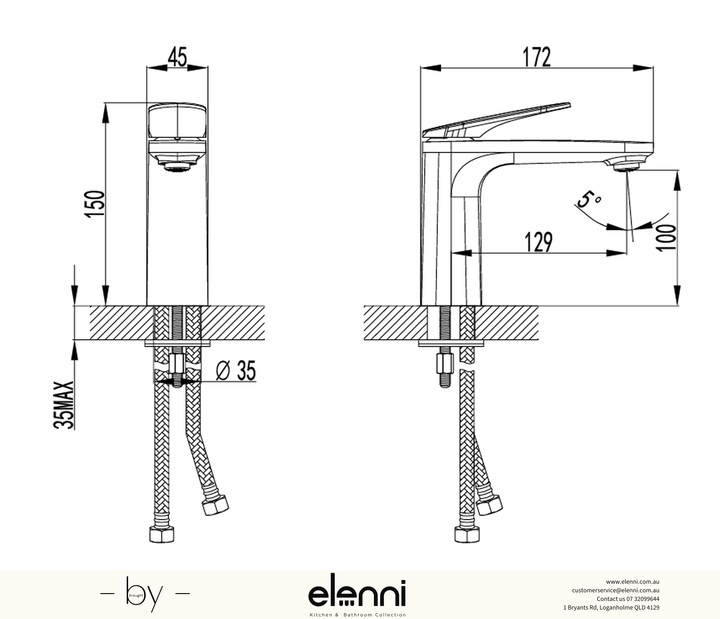 Sulu II Basin Mixer - Elenni specification drawing