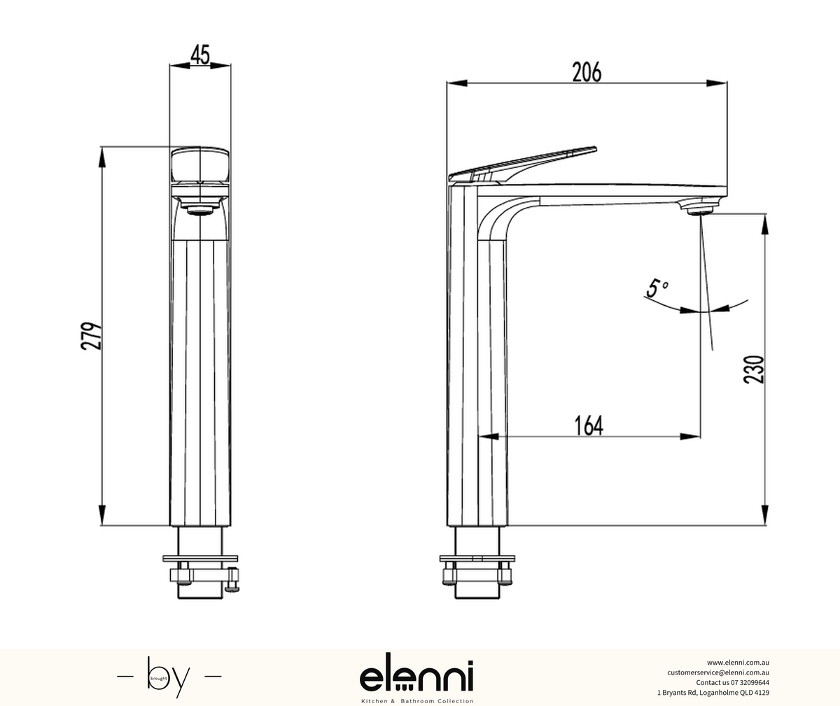 Sulu II High Rise Basin Mixer - Elenni specification drawing