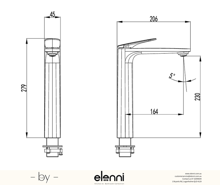 Sulu II High Rise Basin Mixer - Elenni specification drawing