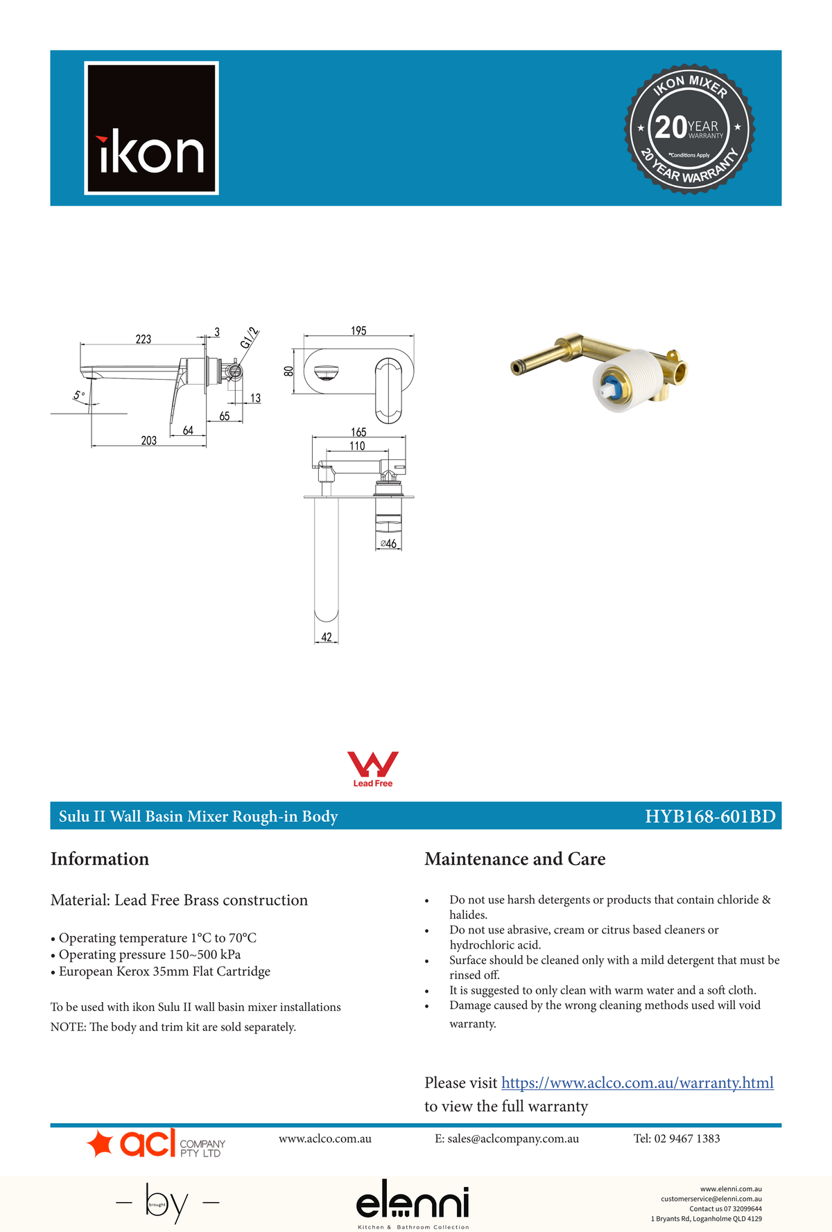 Sulu II Wall Basin Mixer Rough-In Body - Elenni specification drawing