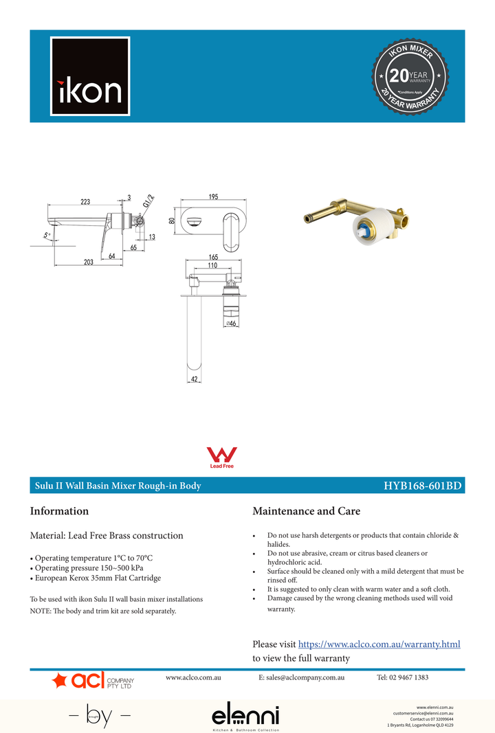 Sulu II Wall Basin Mixer Rough-In Body - Elenni specification drawing