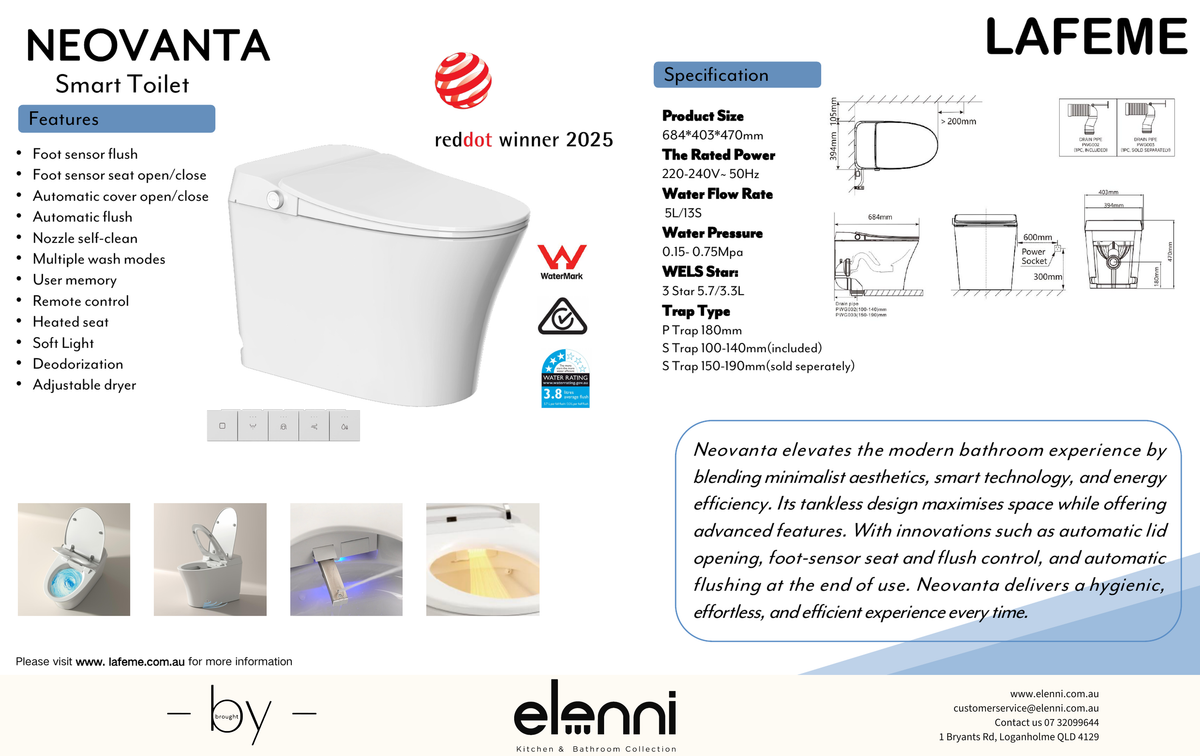 Lafeme Neovanta Cisternless Smart Toilet - Elenni specification drawing