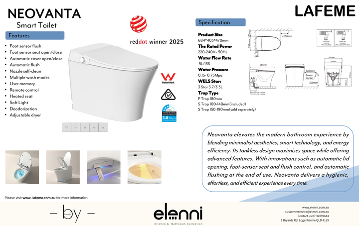 Lafeme Neovanta Cisternless Smart Toilet - Elenni specification drawing