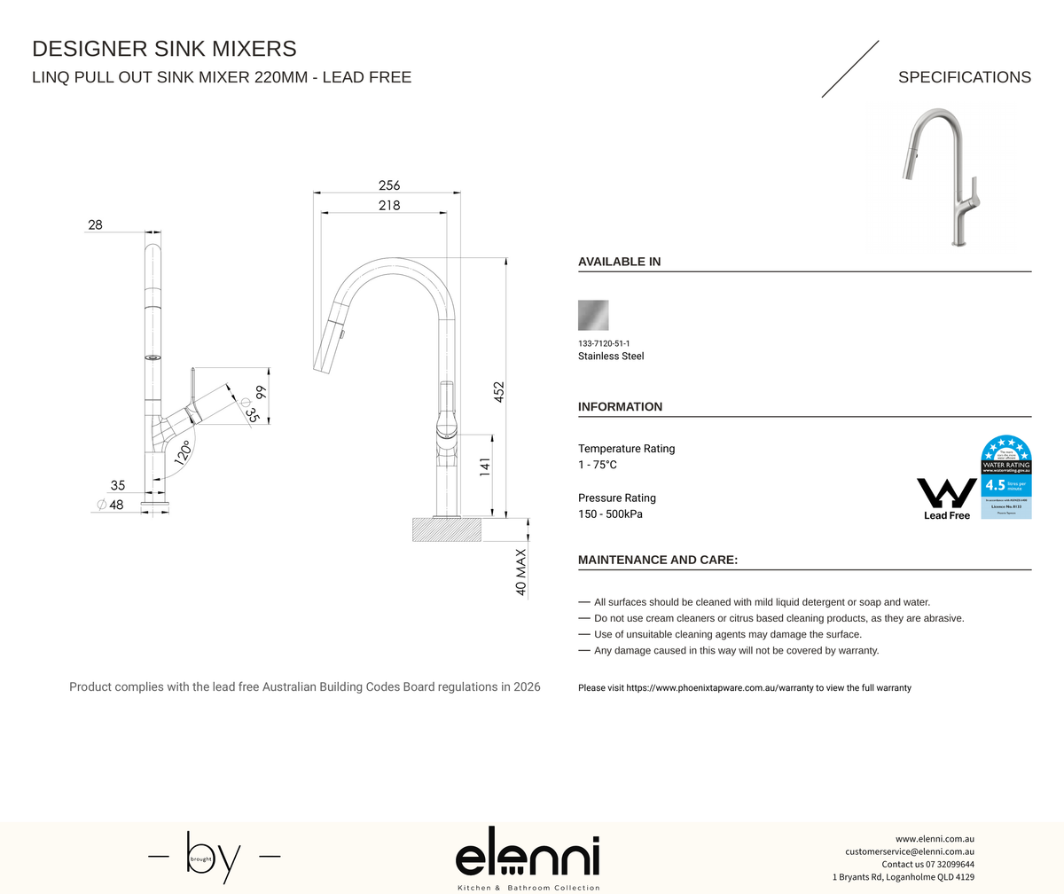 Linq Pull Out Sink Mixer 220mm - Elenni specification drawing