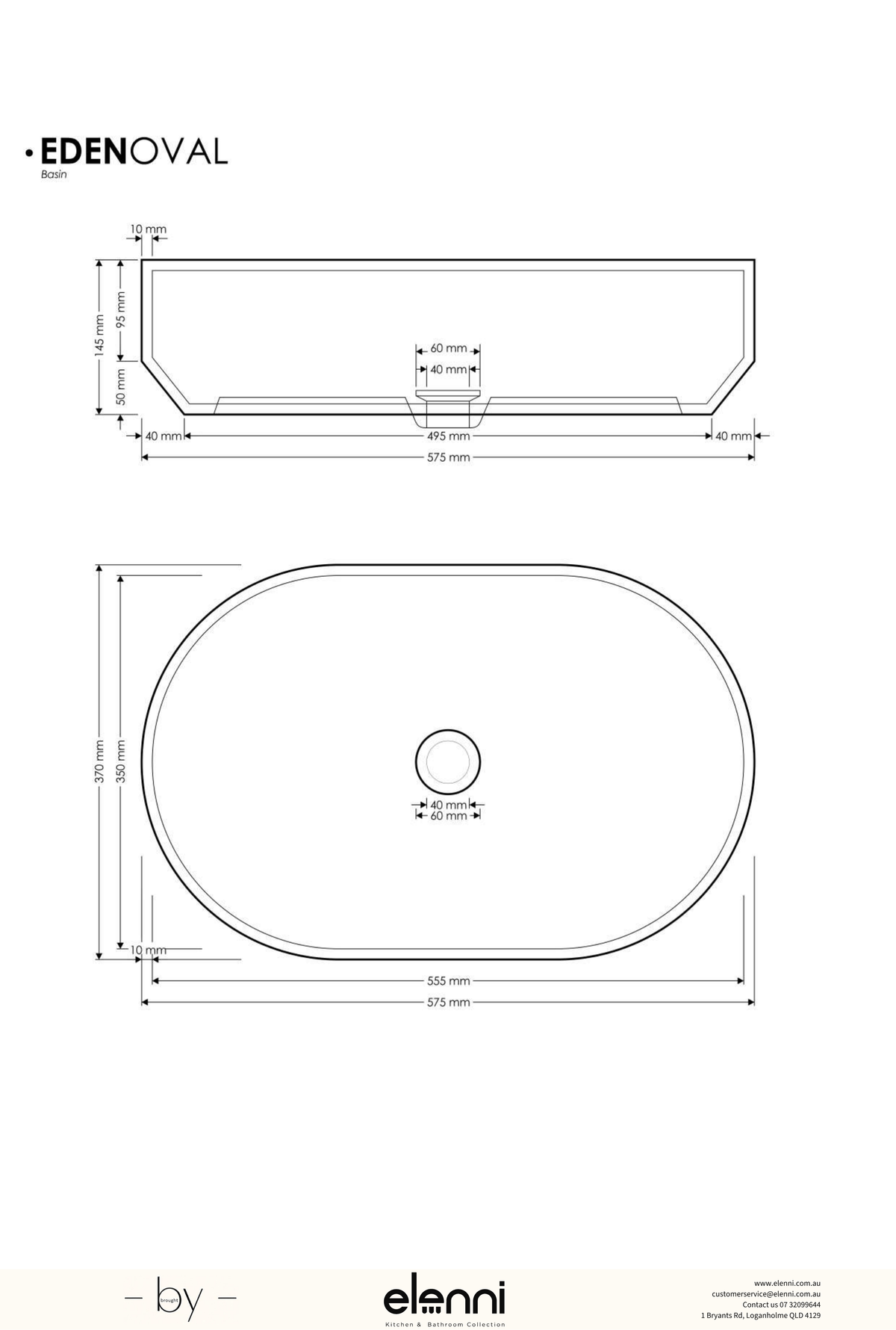 Eden Oval Basin large - Elenni specification drawing