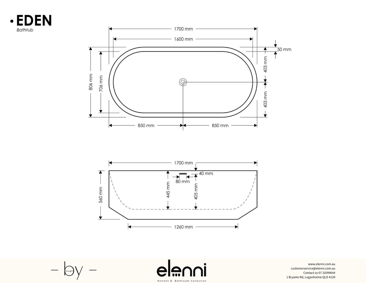 Eden Oval Bath - Elenni specification drawing