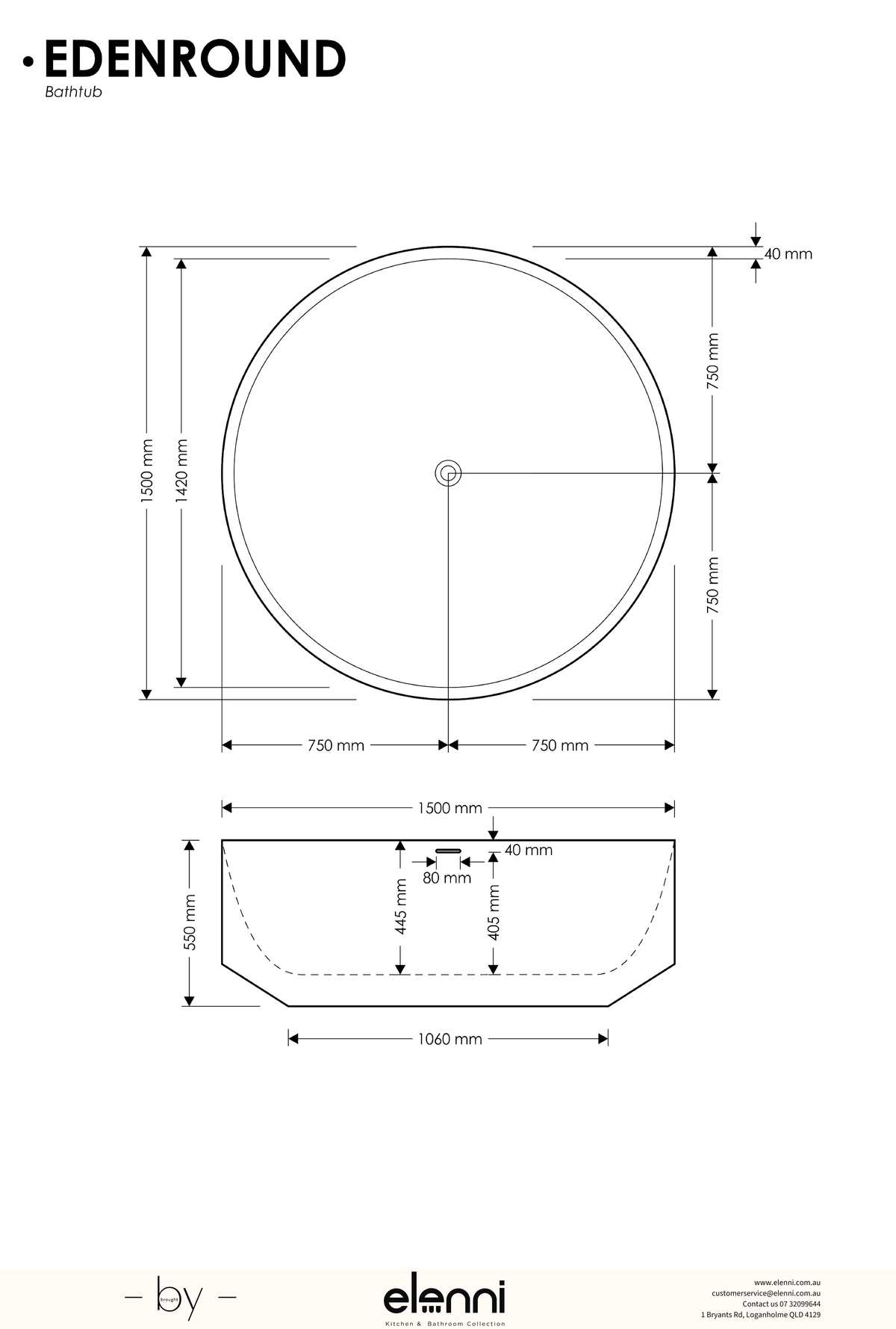 Eden Round Bath - Elenni specification drawing