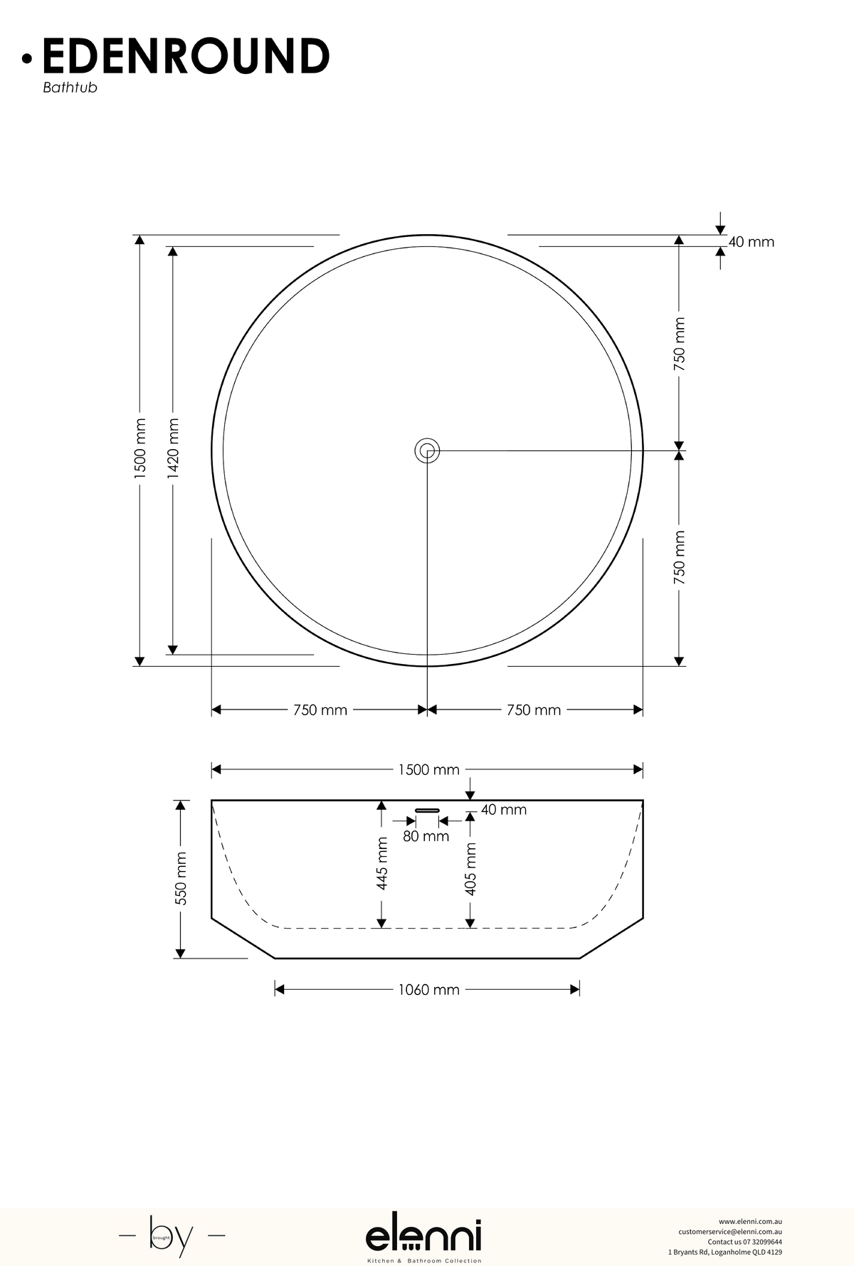 Eden Round Bath - Elenni specification drawing