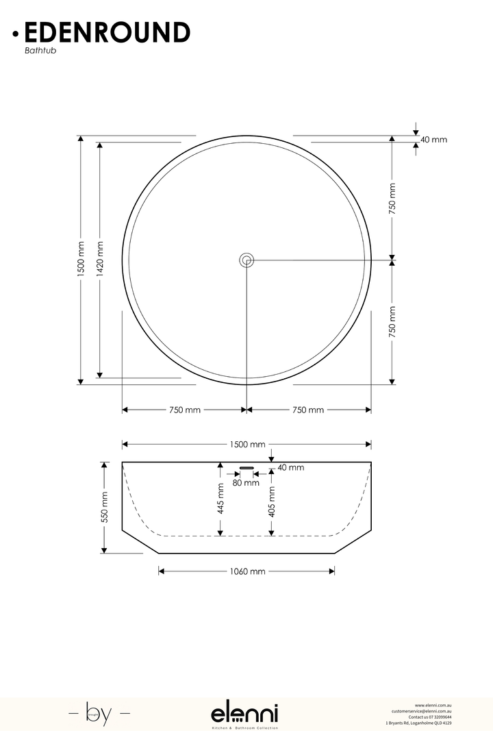 Eden Round Bath - Elenni specification drawing