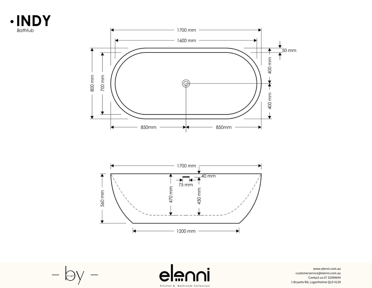 Indy Bath - Elenni specification drawing