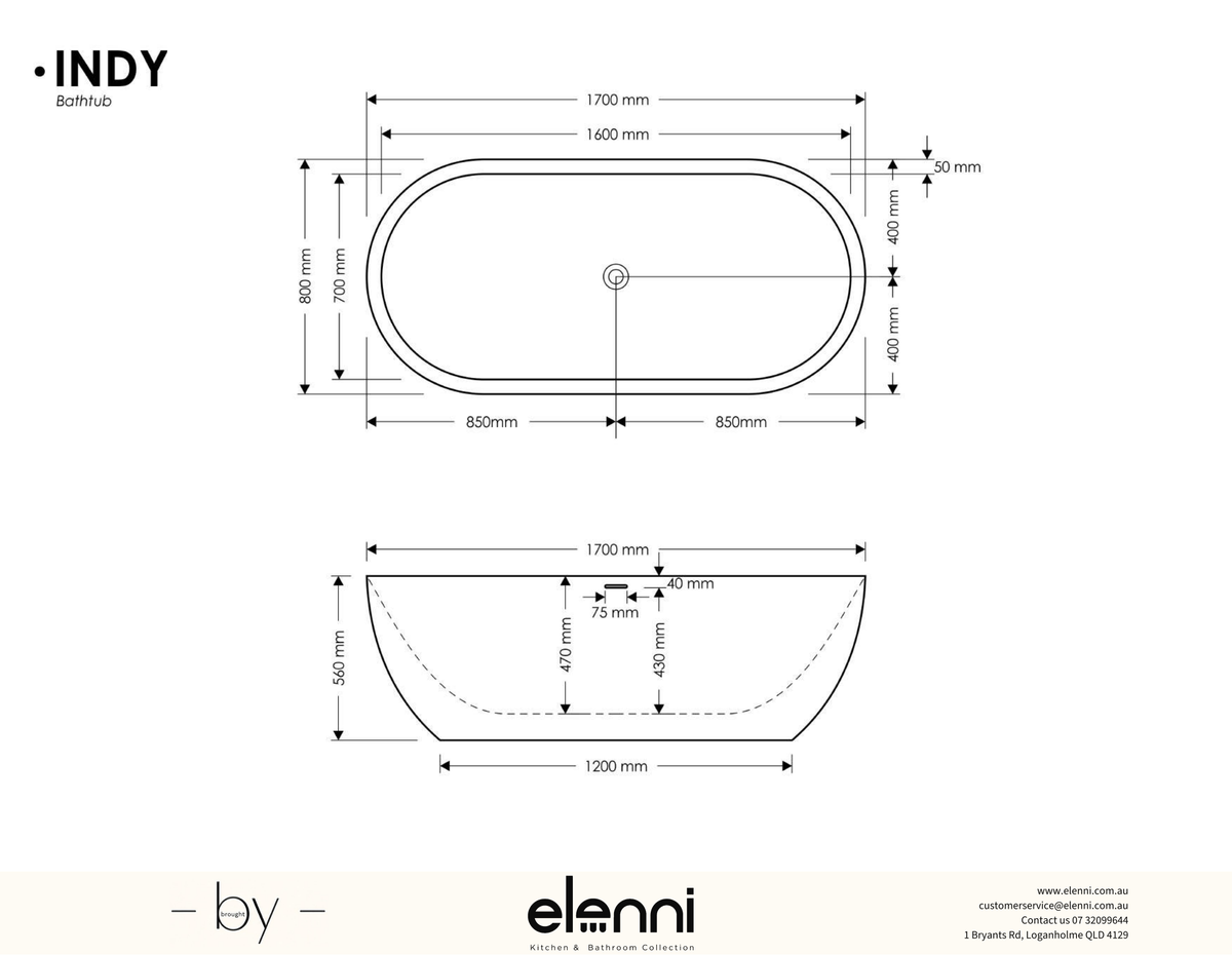 Indy Bath - Elenni specification drawing