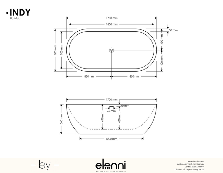 Indy Bath - Elenni specification drawing