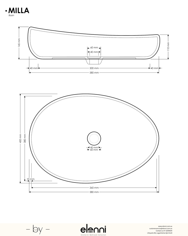 Milla Basin - Elenni specification drawing