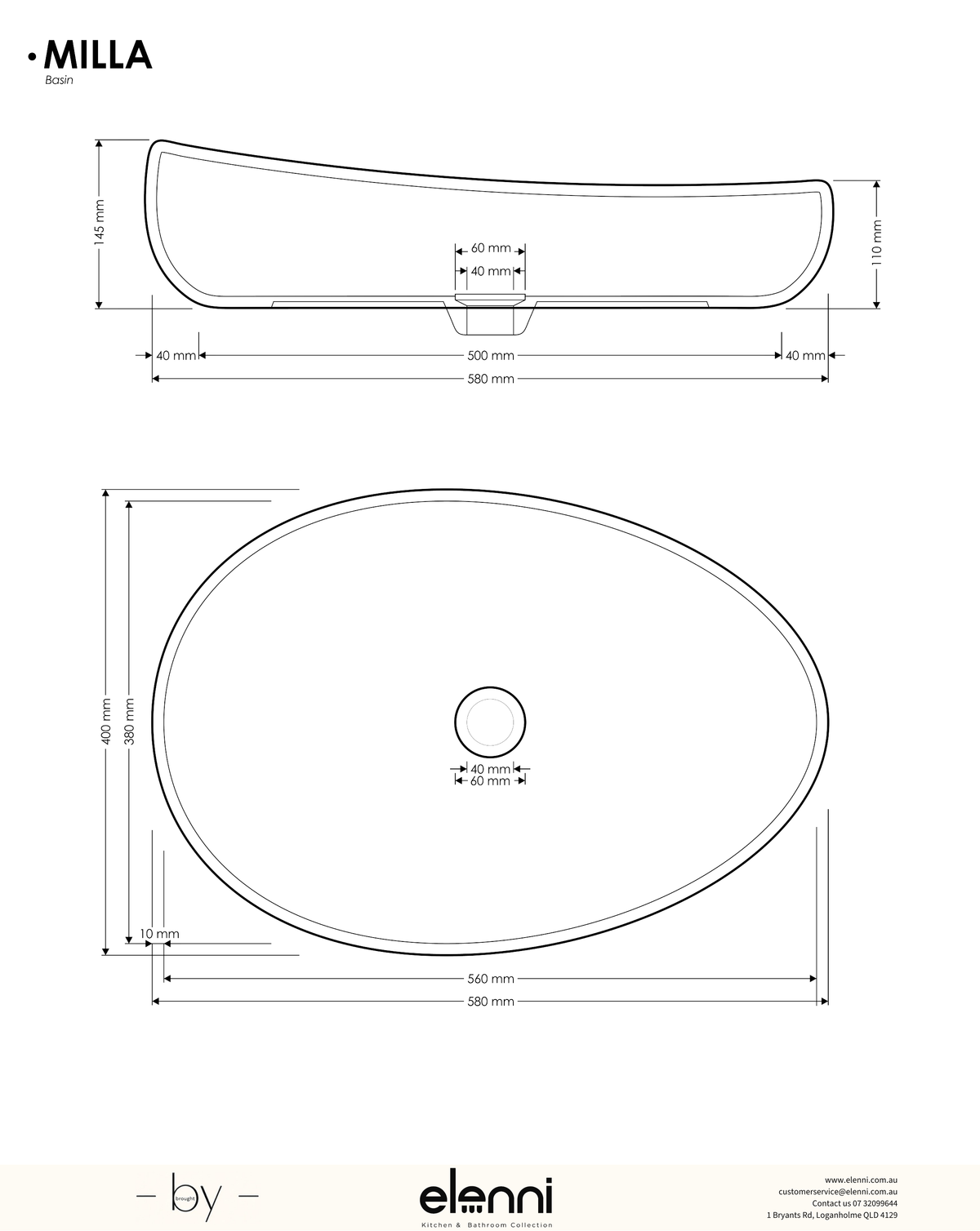 Milla Basin - Elenni specification drawing
