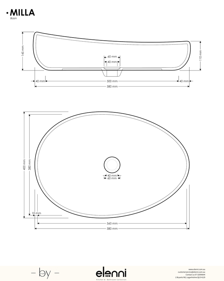 Milla Basin - Elenni specification drawing