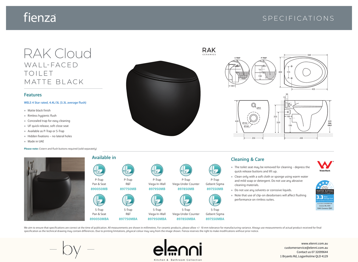 RAK Cloud Wall-Faced Toilet Suite, Matte Black - Elenni specification drawing