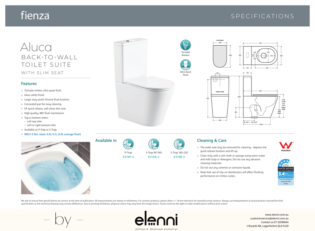 Aluca Tornado Flush Back-to-Wall Toilet Suite, Gloss White with Slim Seat - Elenni specification drawing