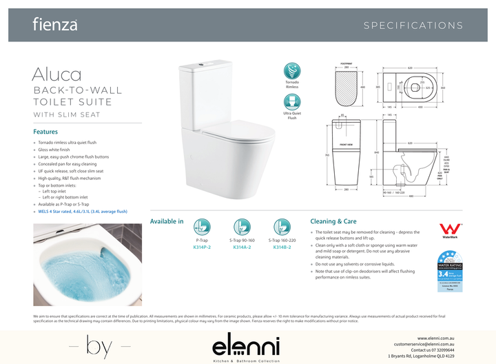 Aluca Tornado Flush Back-to-Wall Toilet Suite, Gloss White with Slim Seat - Elenni specification drawing