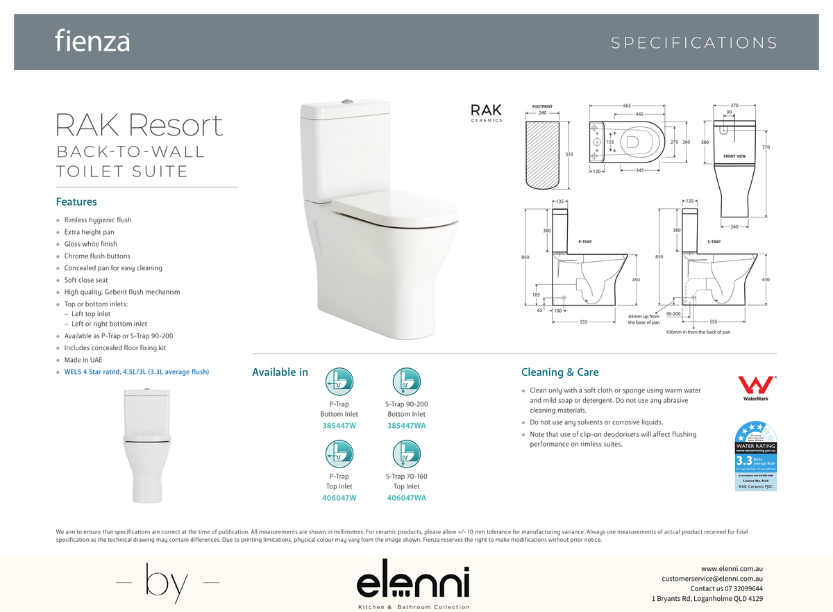 RAK Resort Back-to-Wall Toilet Suite, Gloss White with Top Inlet - Elenni specification drawing