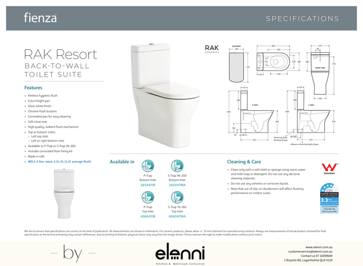 RAK Resort Back-to-Wall Toilet Suite, Gloss White with Top Inlet - Elenni specification drawing