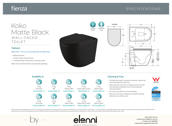 Koko Tornado Flush Wall-Faced Toilet Suite, Matte Black - Elenni specification drawing