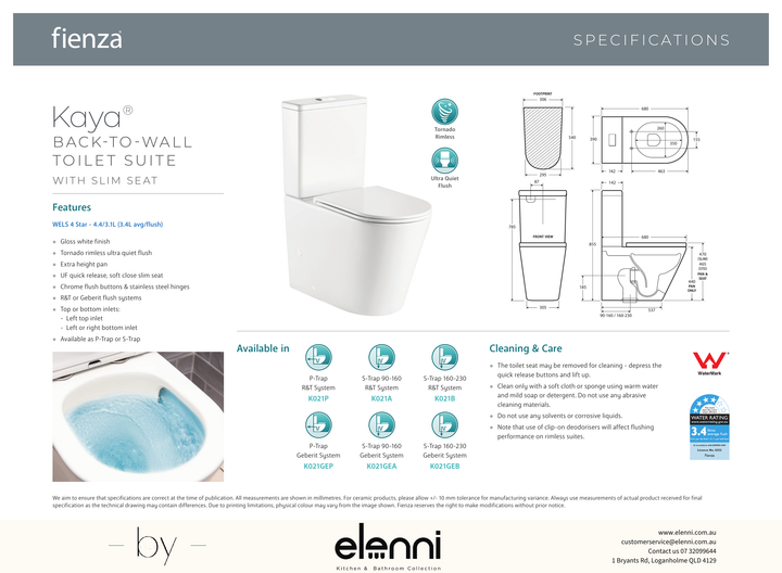 Kaya Tornado Flush Back-to-Wall Toilet Suite, Gloss White with Slim Seat - Elenni specification drawing